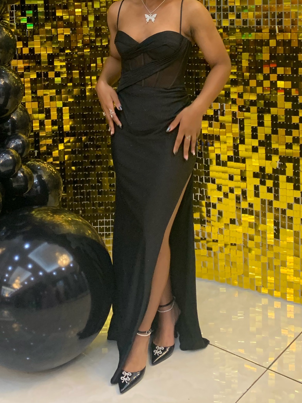 Black Glittery Prom Dress With Corset And Leg Slit